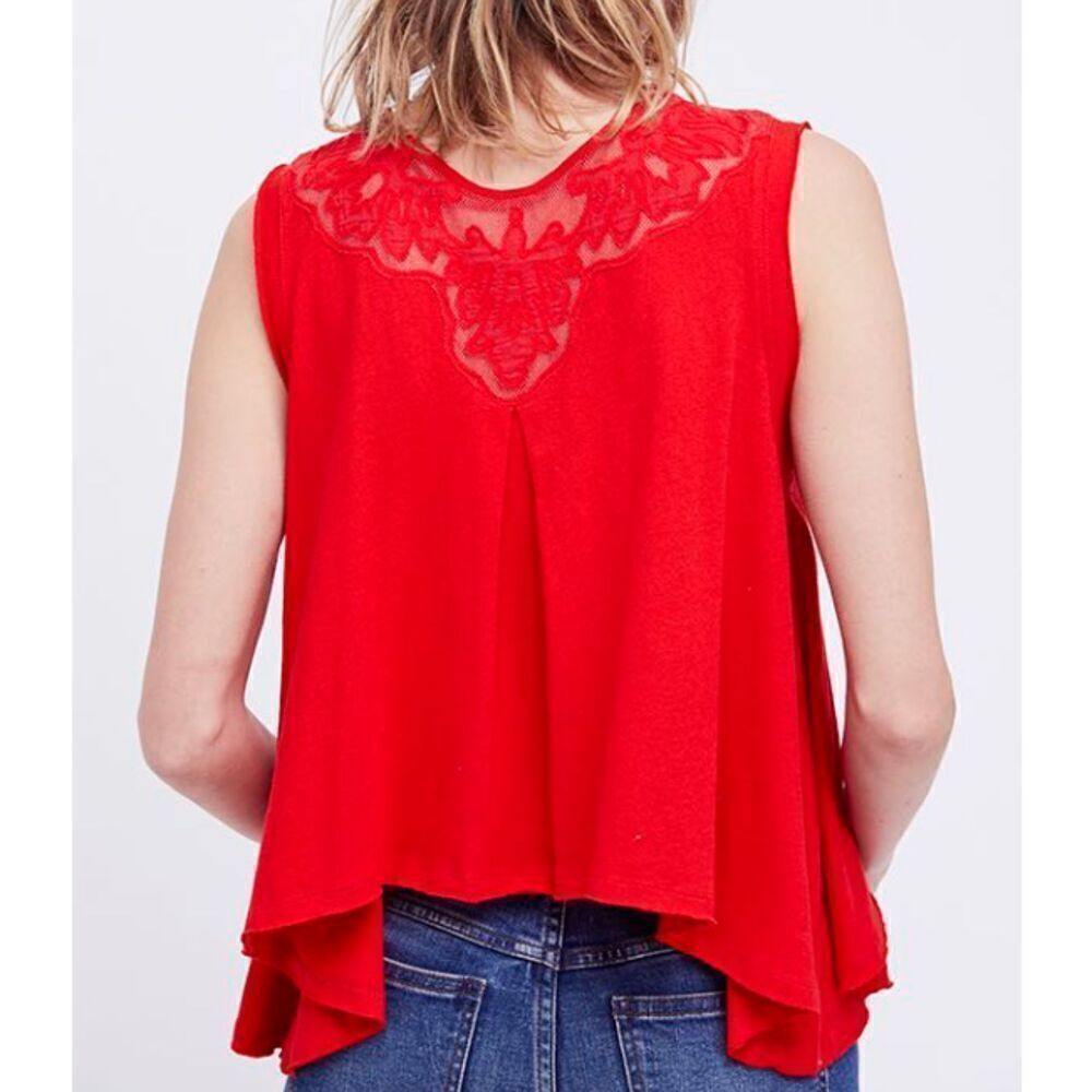 Free People‎ Meant to Be Tee Linen Blend Red Lace Sleeveless Slub Oversized XS - Picture 2 of 10